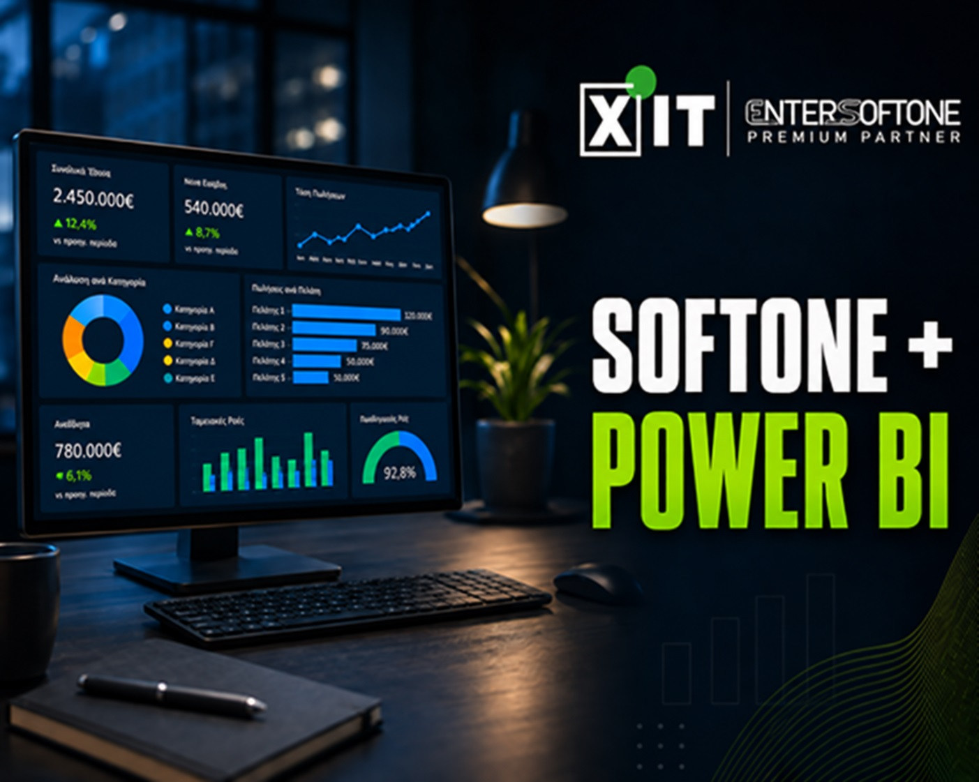 Εικαστικό της XIT για SoftOne και Power BI με οικονομικούς δείκτες, γραφήματα πωλήσεων και ταμειακών ροών.